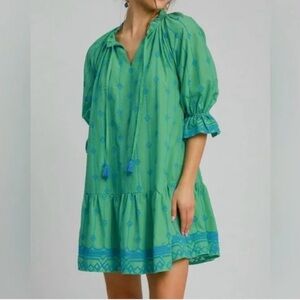 Umgee Embroidered Tassel Tie Mini Dress